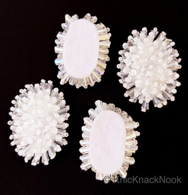Handmade White Beaded Oblong Applique, Sequinned Beads Applique Motif